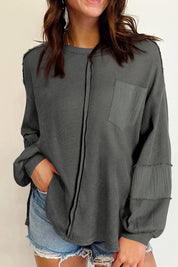 Dark Gray Exposed Seam Round Neck Long Sleeve Sweatshirt | Daverri Fashions