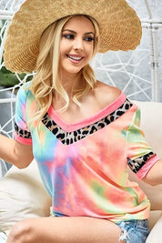 BiBi Rainbow Tie-Dye Leopard Trim V-Neck T-Shirt | T-Shirts Daverri Fashions