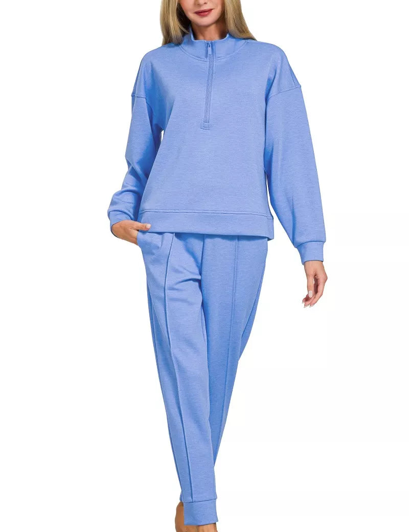Zenana Scuba Half Zip Pullover and Jogger Set in cornflower blue