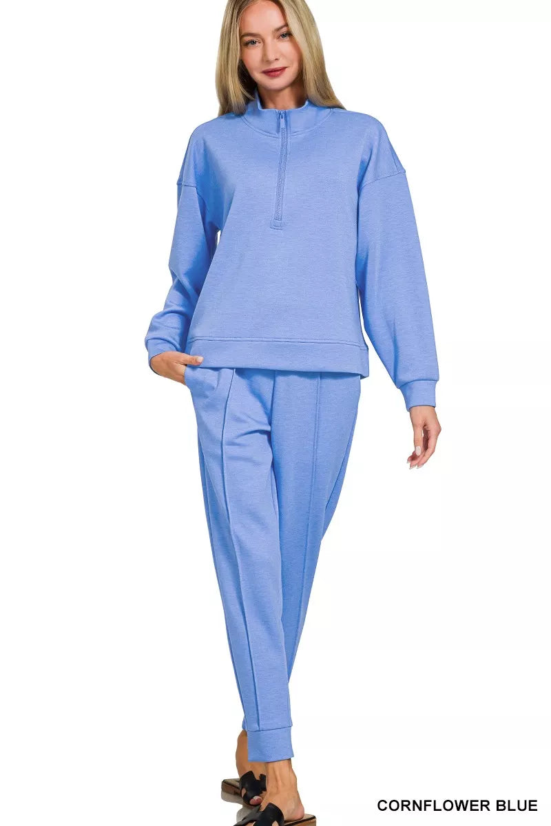 Zenana Scuba Half Zip Pullover and Jogger Set in cornflower blue