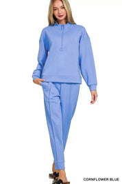 Zenana Scuba Half Zip Pullover and Jogger Set in cornflower blue