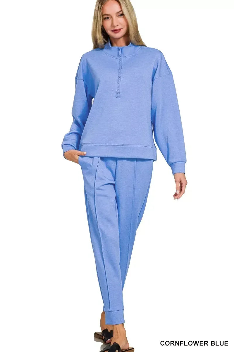 Zenana Scuba Half Zip Pullover and Jogger Set - DAVERRI FASHIONS