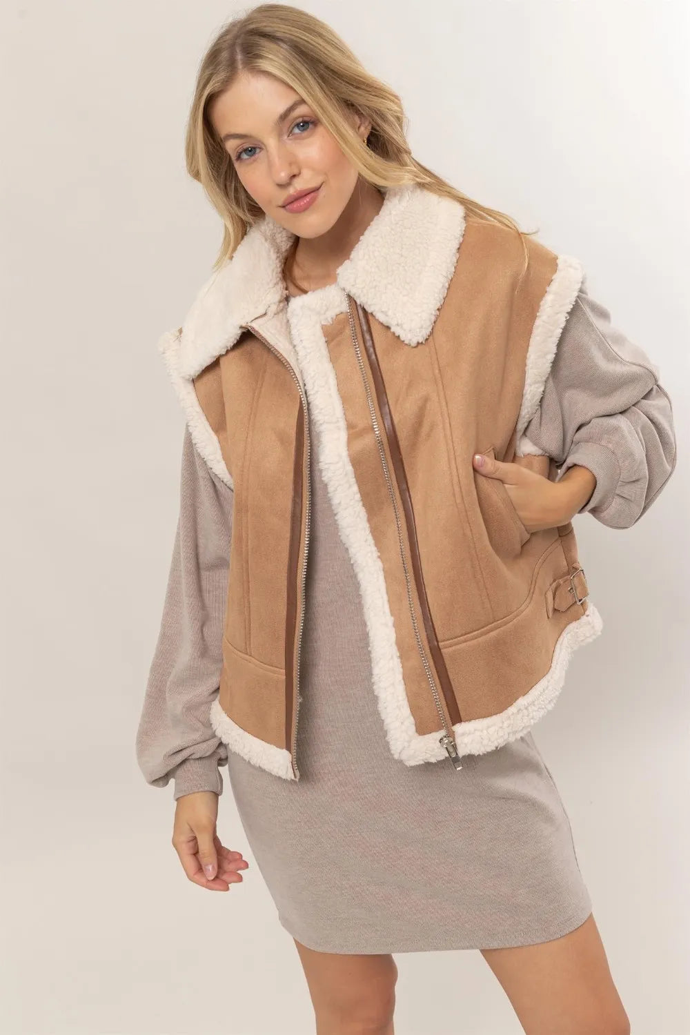 Brown HYFVE Fur-Contrast Zip Up Suede Vest | Vest Jackets Daverri Fashions