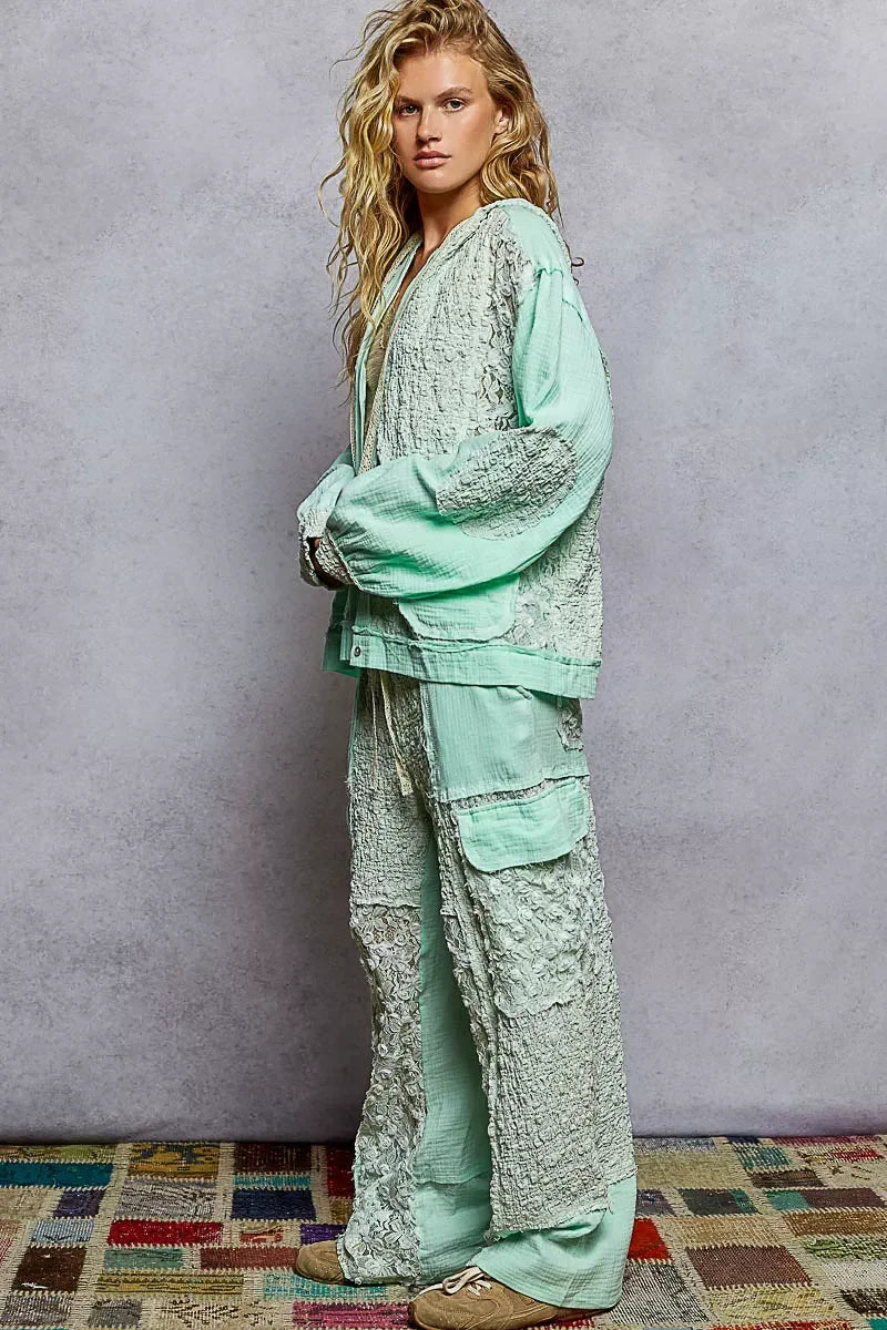 POL Exposed Seam Button Down Hooded Jacket with Lace Detail - DAVERRI FASHIONS