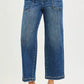 RISEN slouchy cropped baggy jeans in mid-wash blue denim with frayed hems