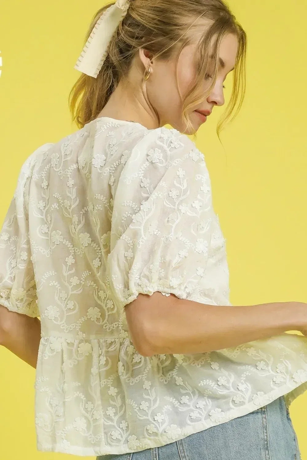 Umgee Embroidered Tie Front Peplum Blouse - DAVERRI FASHIONS