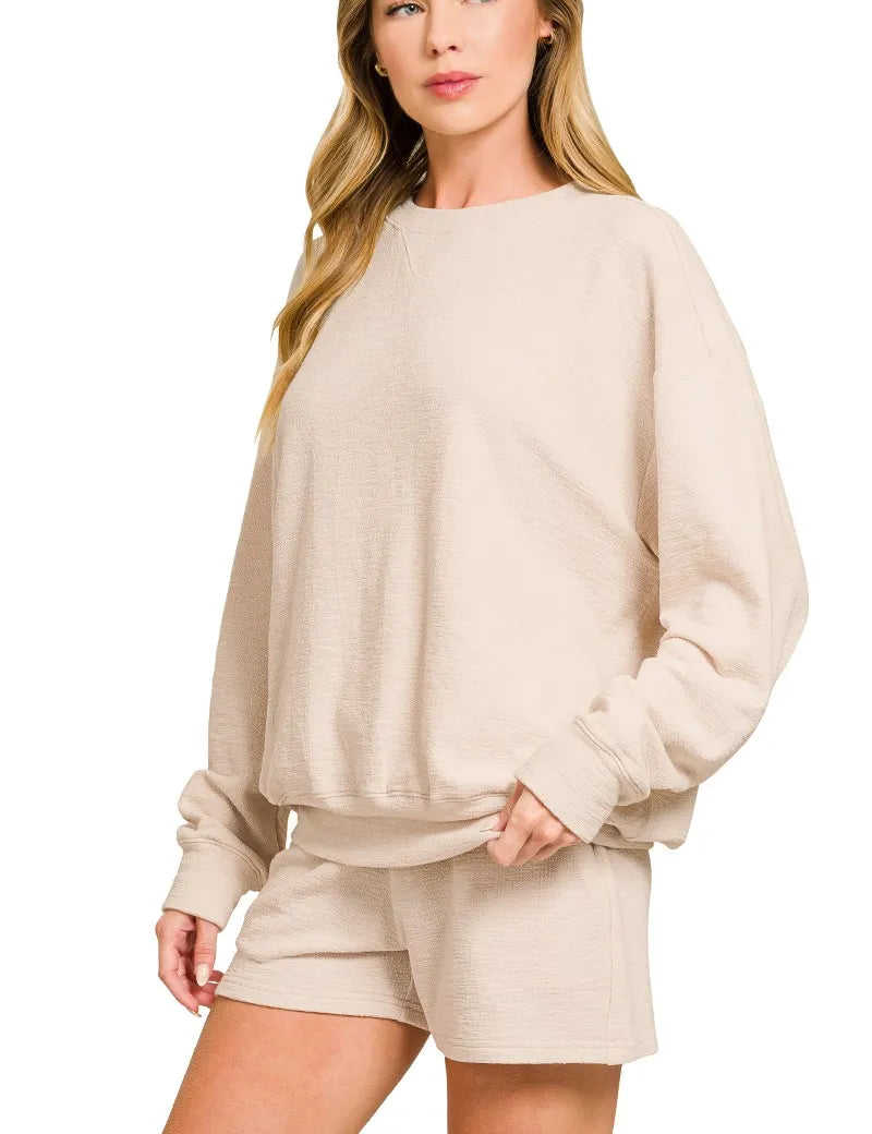SAND BEIGE Zenana Slub Long Sleeve Top and Shorts Set | Loungewear Sets Daverri Fashions