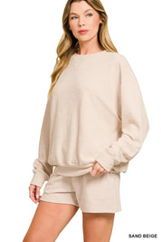 SAND BEIGE Zenana Slub Long Sleeve Top and Shorts Set | Loungewear Sets Daverri Fashions
