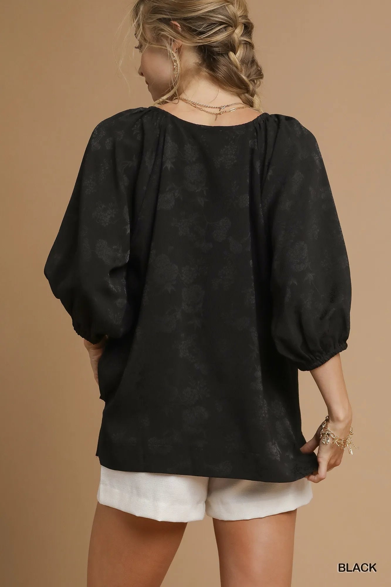 Umgee Satin Jacquard Balloon Sleeve Blouse | Blouses Daverri Fashions