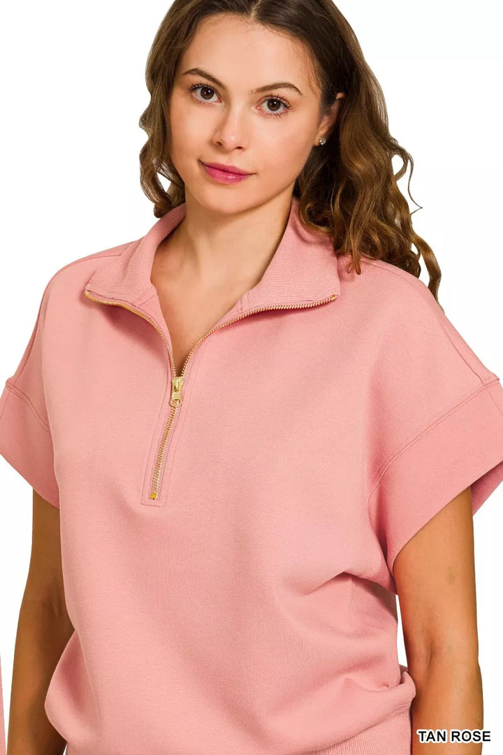 Zenana Full Size Scuba High Neck Half Zip Short Sleeve Top Plus Size | Tops Daverri Fashions