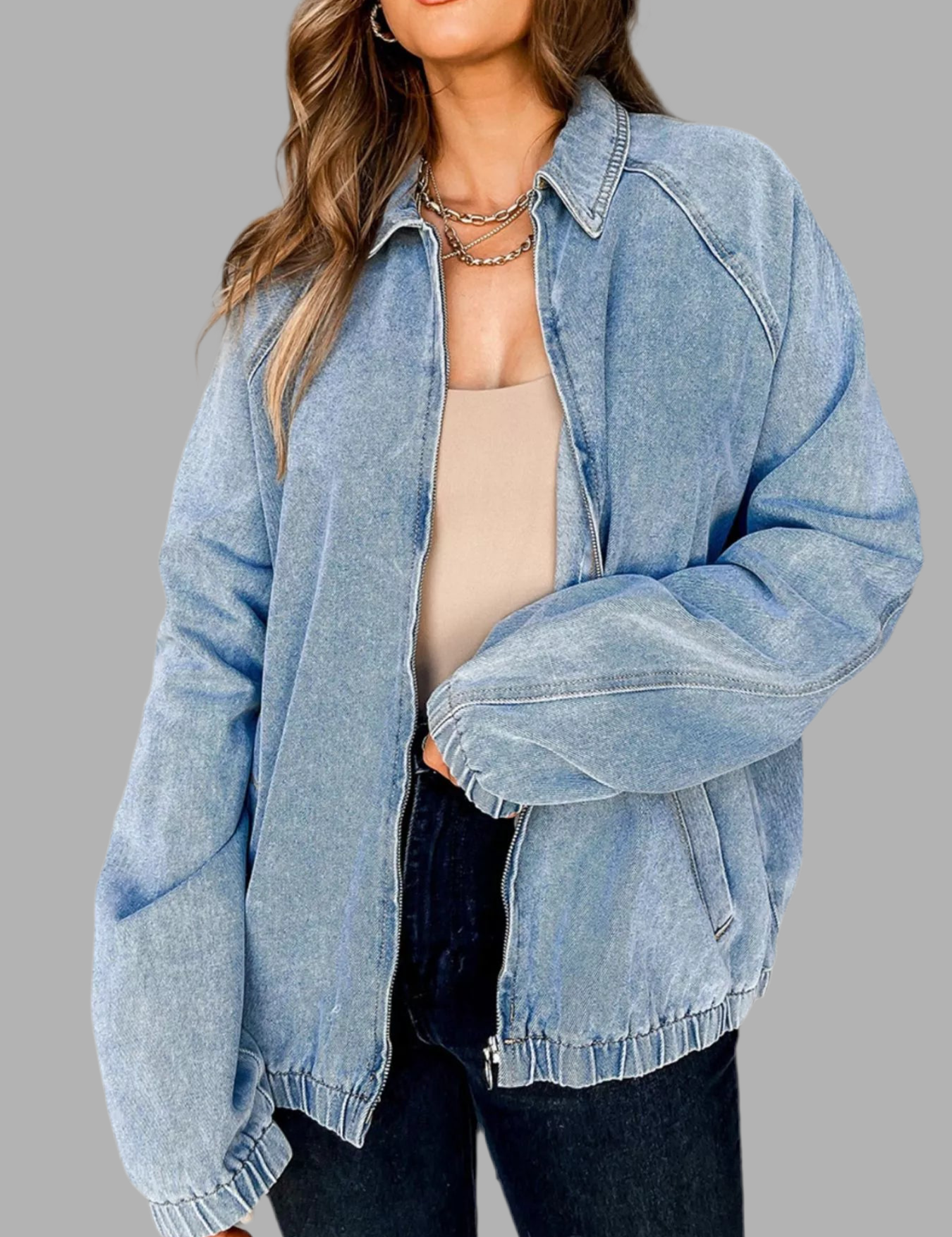 Elastic Edge Collared Zip Up Denim Jacket With Pocket | Denim Jackets Daverri Fashions