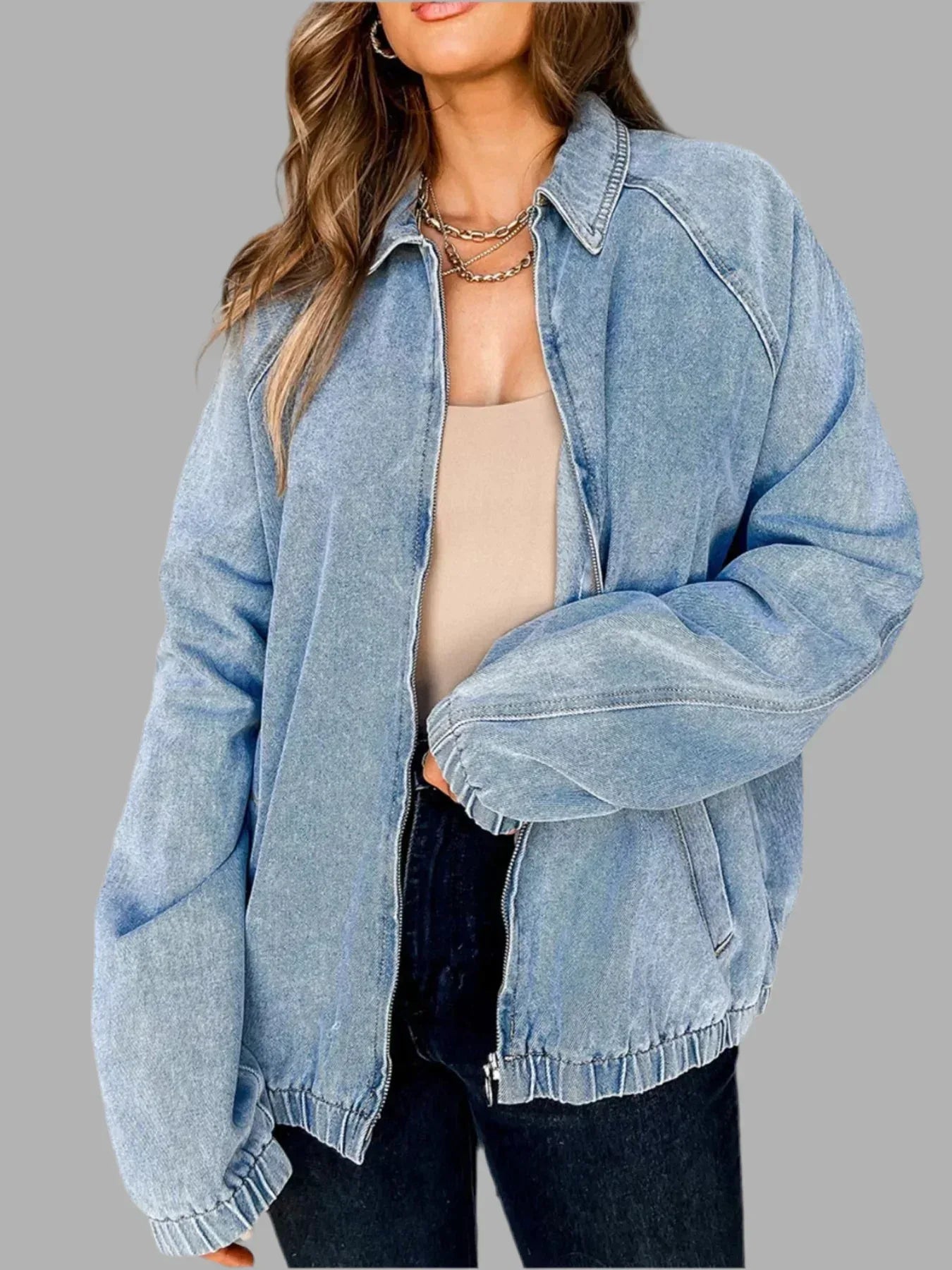 Elastic Edge Collared Zip Up Denim Jacket With Pocket - DAVERRI FASHIONS