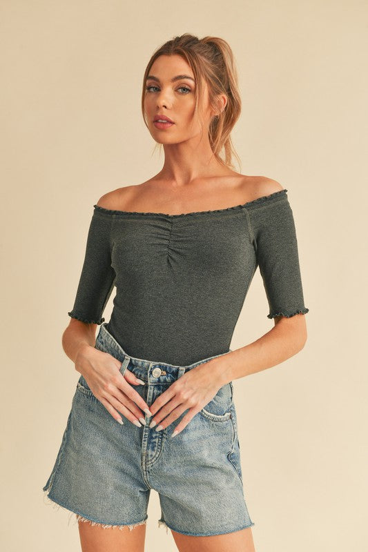 Aemi + Co Ruched Frill Off-Shoulder Half Sleeve Knit Top Charcoal