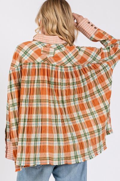 SAGE + FIG Side Slit Plaid Button Down Long Sleeve Shirt Tops