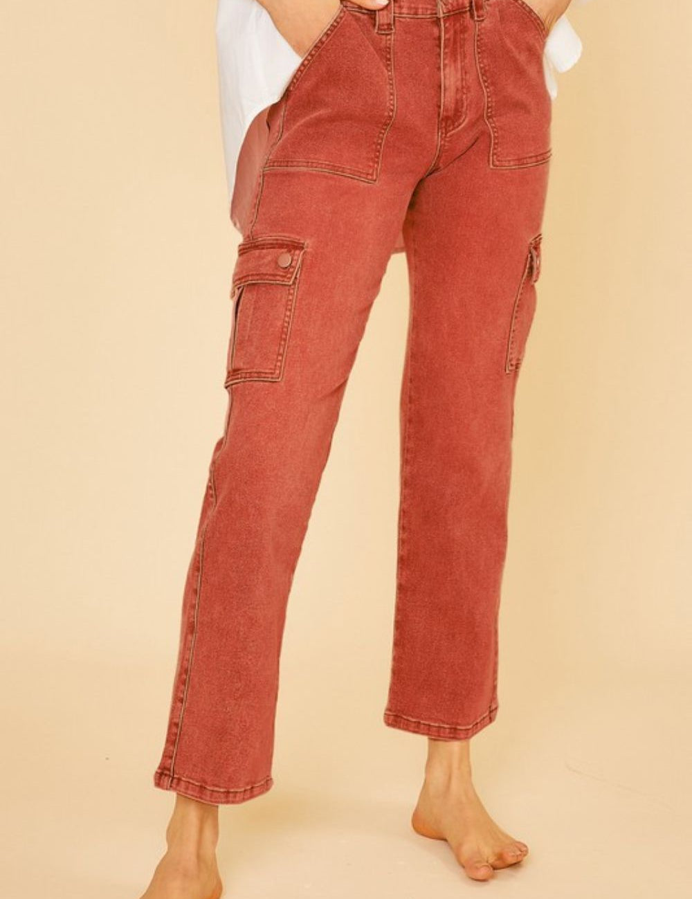 Annie Wear Straight Leg Jeans with Cargo Pockets Orange-Red Jeans