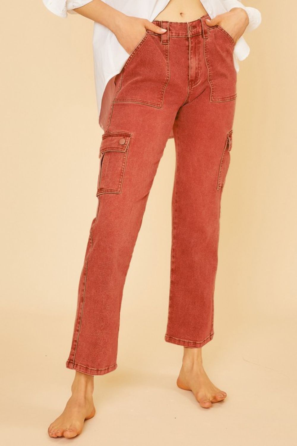 Annie Wear Straight Leg Jeans with Cargo Pockets Orange-Red Jeans