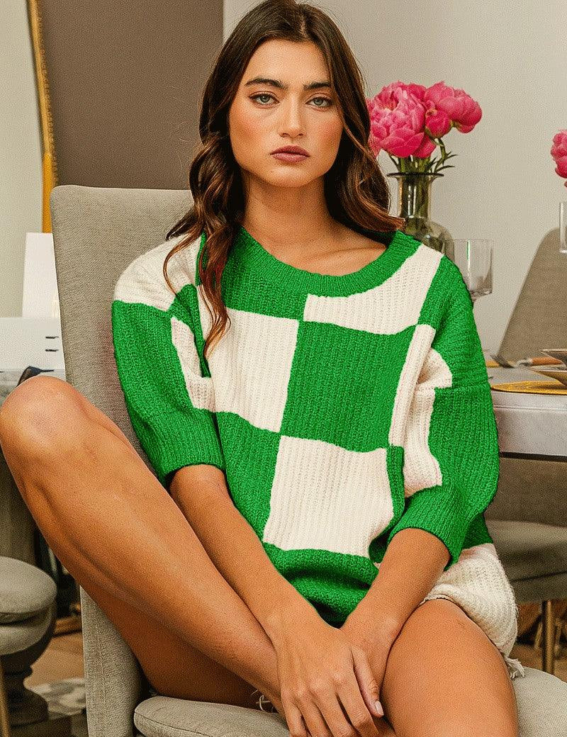 BiBi Checkered Contrast Round Neck Sweater Jade Sweaters