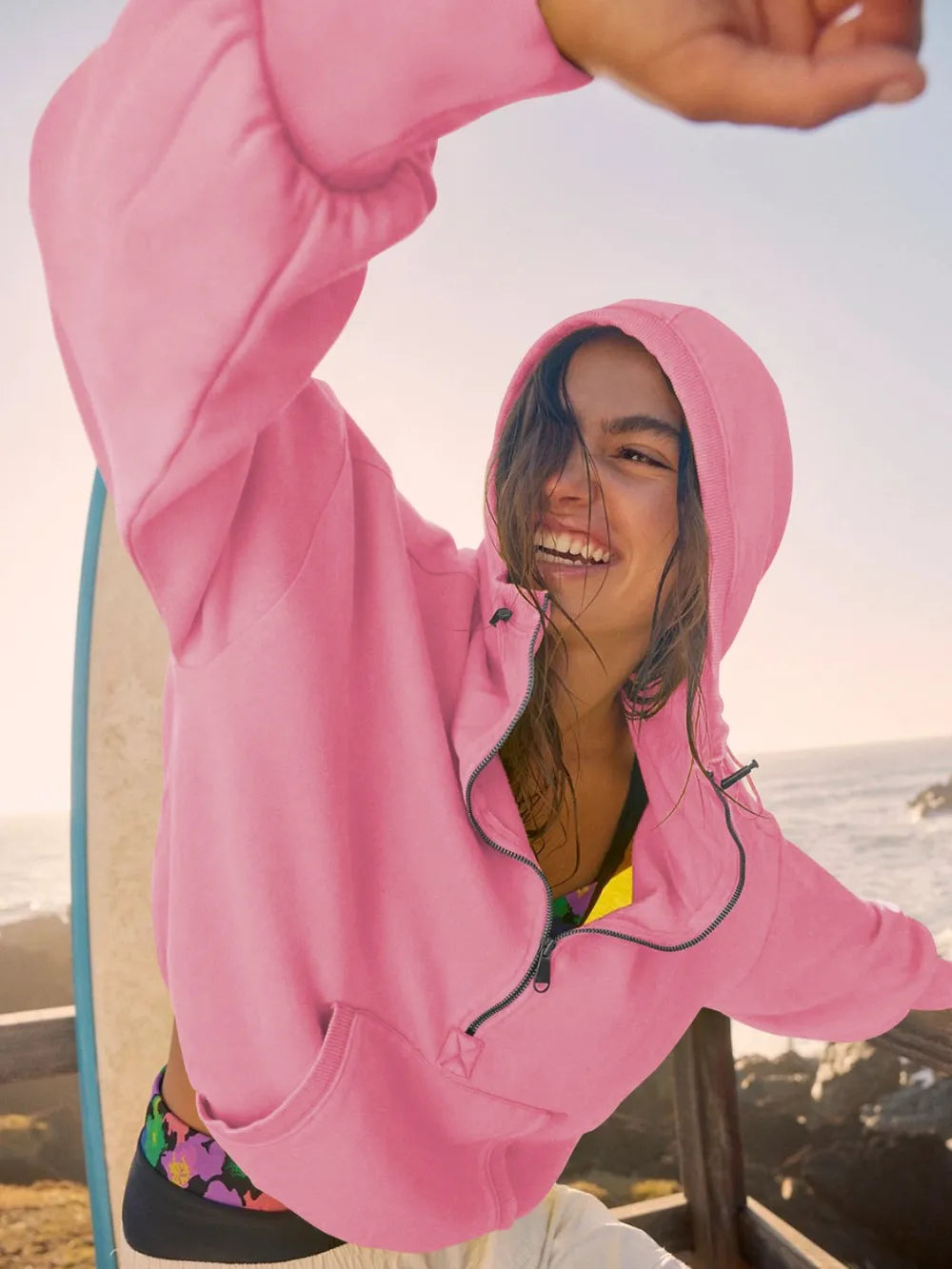 Half Zip Pocketed Dropped Shoulder Hoodie | Hoodies Daverri Fashions