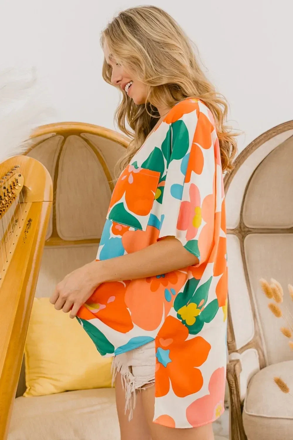 BiBi Floral V Neck Slit Side T-Shirt - DAVERRI FASHIONS