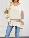 Cream and beige color-blocked long-sleeve ribbed sweater