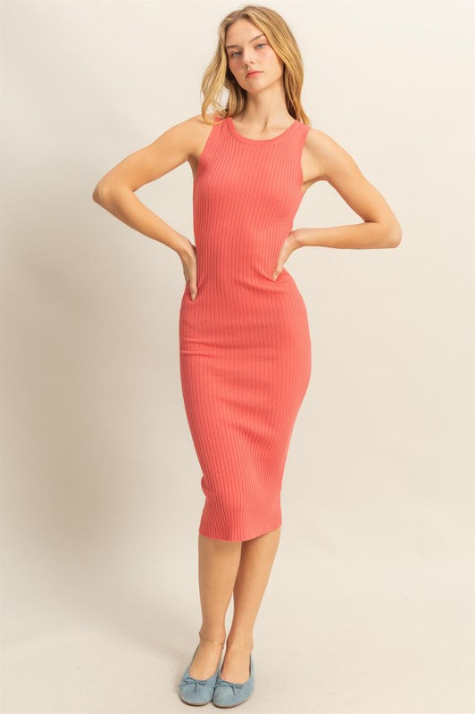 HYFVE Ribbed Round Neck Sleeveless Knit Midi Dress Coral Midi Dresses