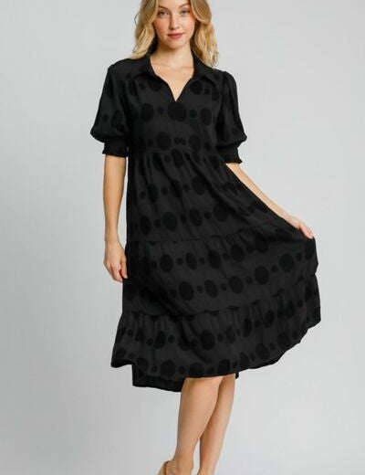 Umgee Full Size Swiss Dot Jacquard Tiered Midi Dress Plus Size Black Midi Dresses