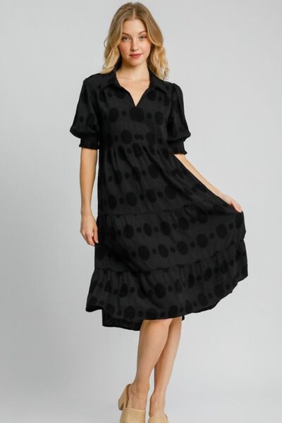 Umgee Full Size Swiss Dot Jacquard Tiered Midi Dress Plus Size Black Midi Dresses