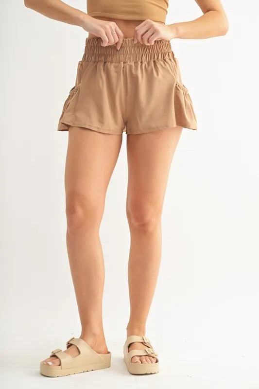 MONO B Smocked High Waist Shorts MOCHA 25