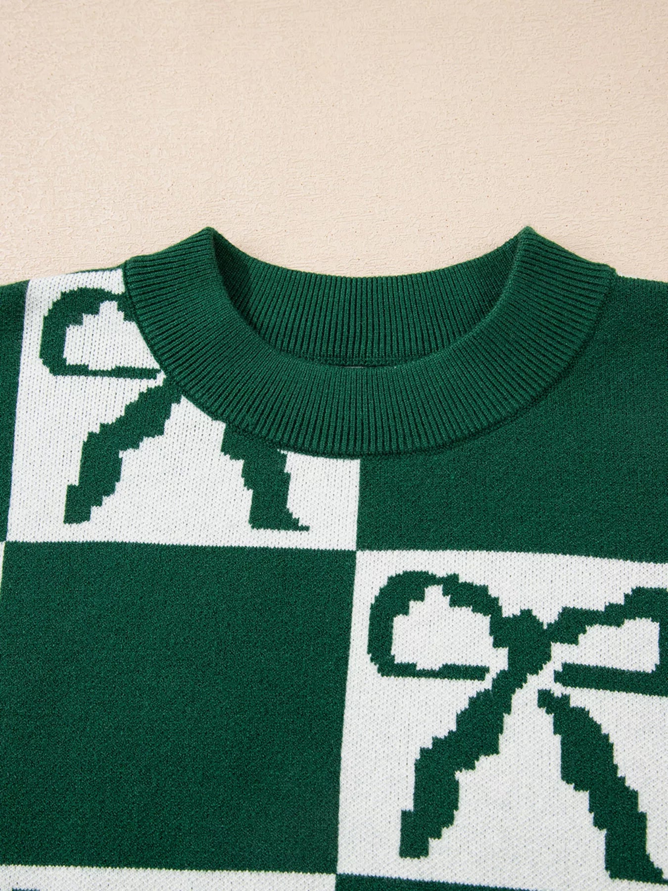 Checkered Bow Round Neck Casual Sweater | Sweaters Daverri Fashions