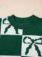 Checkered Bow Round Neck Casual Sweater | Sweaters Daverri Fashions
