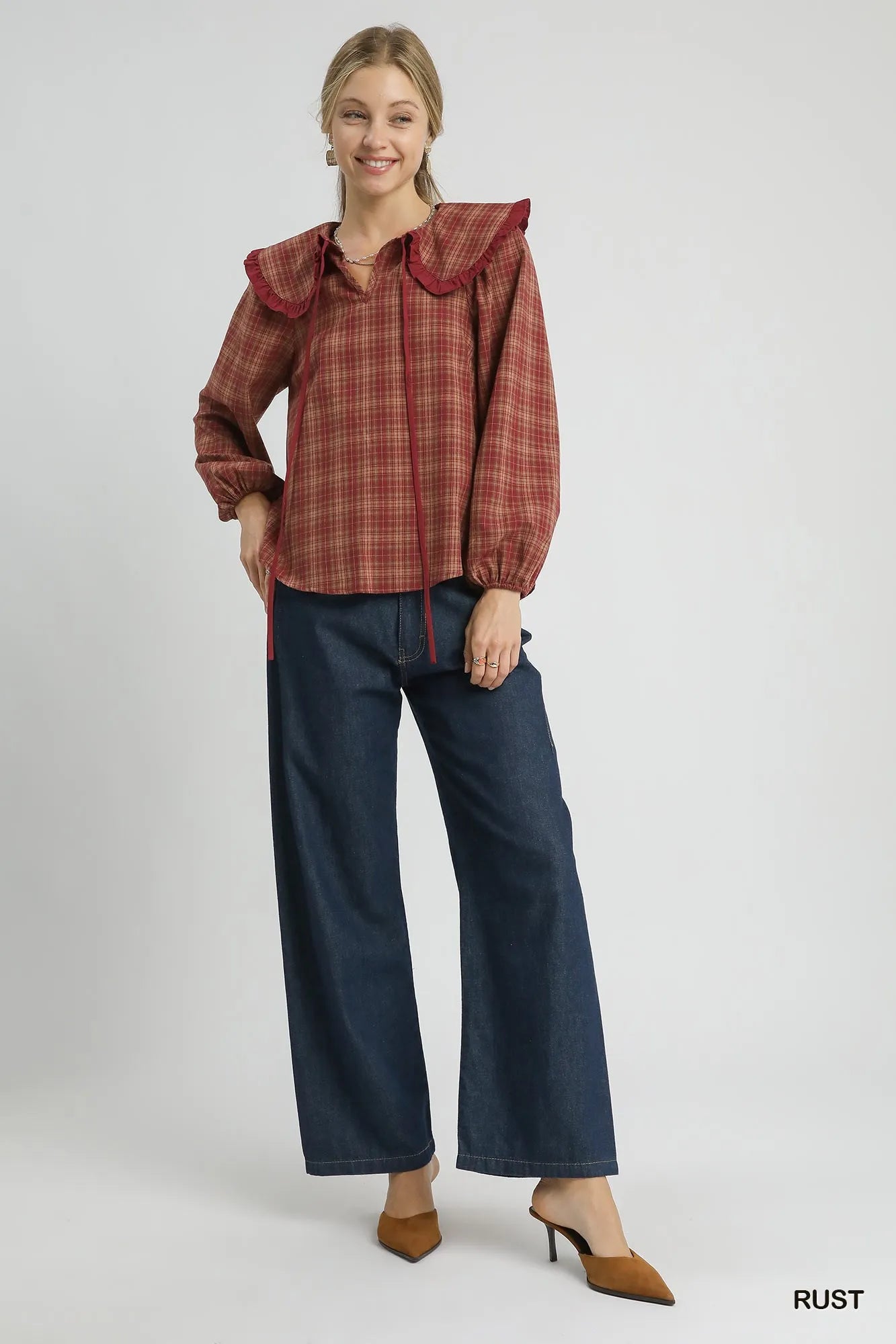 Umgee Full Size Plaid Ruffle Collar Blouse Plus Size | Blouses Daverri Fashions