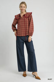 Umgee Full Size Plaid Ruffle Collar Blouse Plus Size | Blouses Daverri Fashions