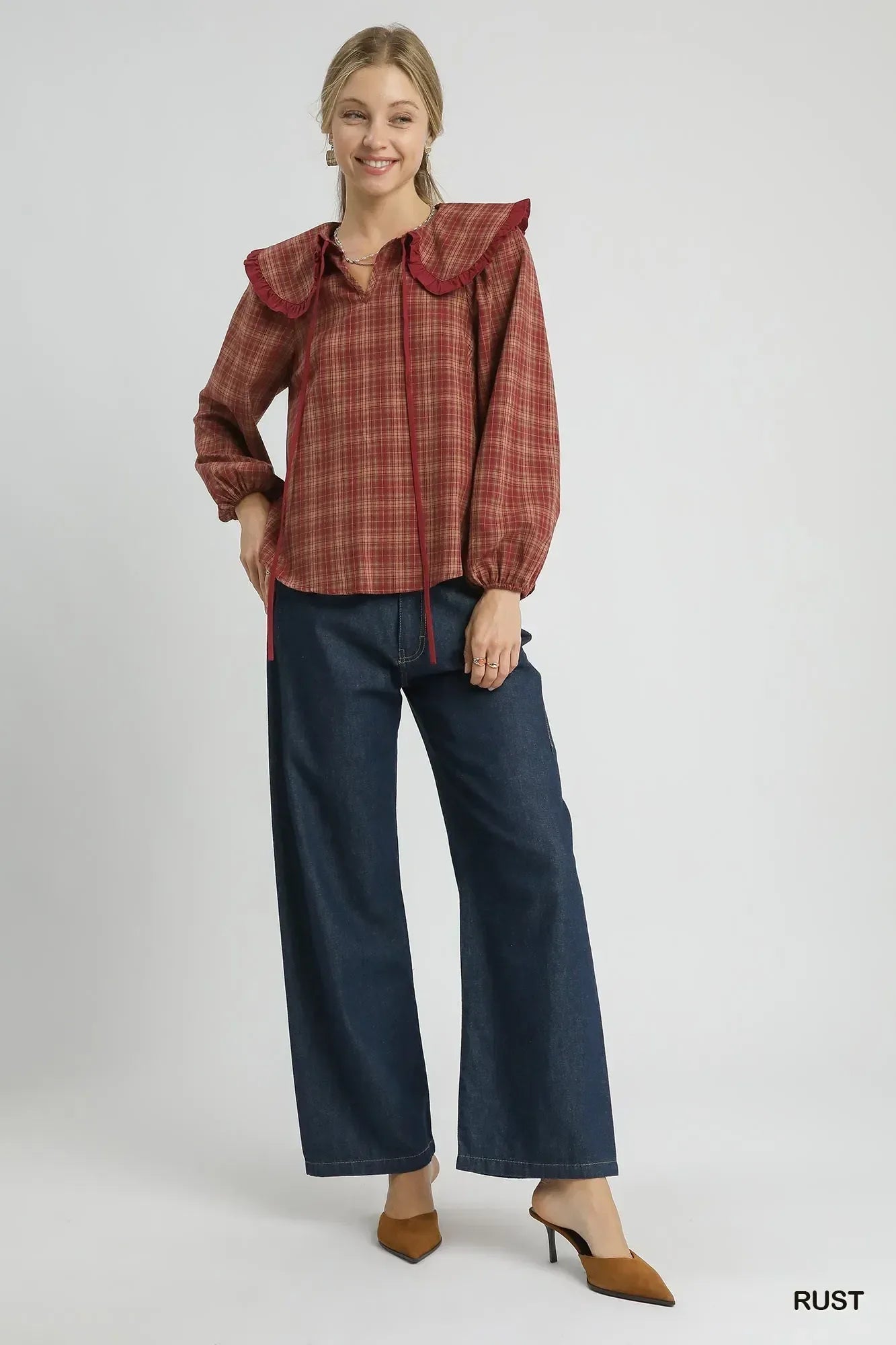 Umgee Full Size Plaid Ruffle Collar Blouse Plus Size - DAVERRI FASHIONS
