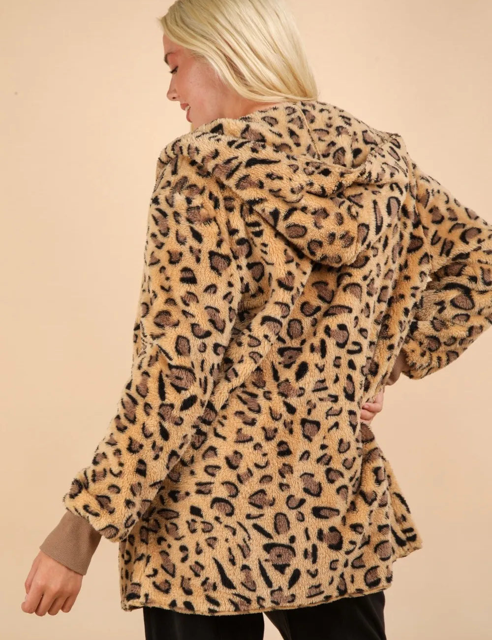VERY J Fuzzy Leopard Long Sleeve Hooded Jacket | Jackets Daverri Fashions