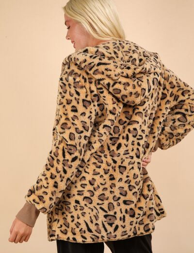 VERY J Fuzzy Leopard Long Sleeve Hooded Jacket Jackets