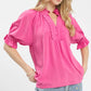 Umgee Linen Scalloped Ruffle Neck Blouse in bright pink with ruffled sleeves