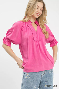 Umgee Linen Scalloped Ruffle Neck Blouse in bright pink with ruffled sleeves