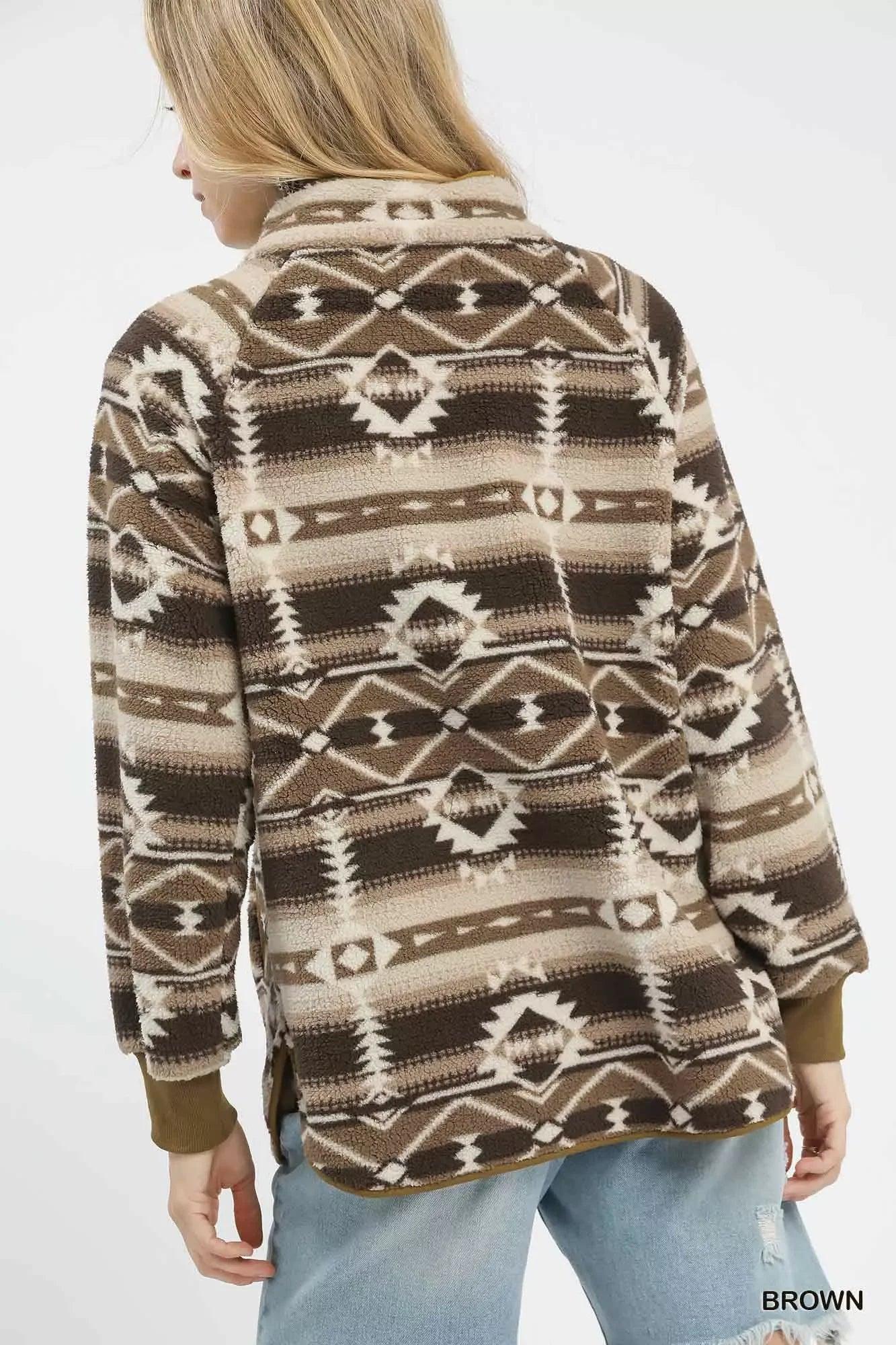 Umgee Aztec Print Sherpa Pullover - DAVERRI FASHIONS
