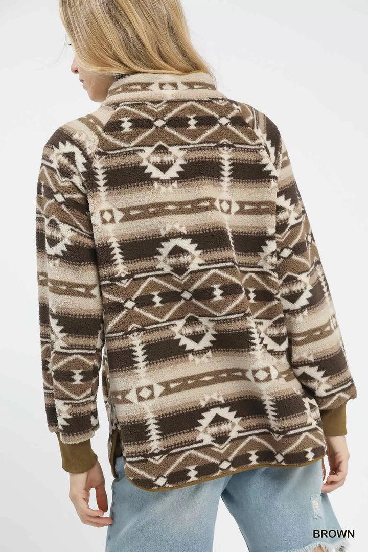 Umgee Aztec Print Sherpa Pullover | Tops Daverri Fashions