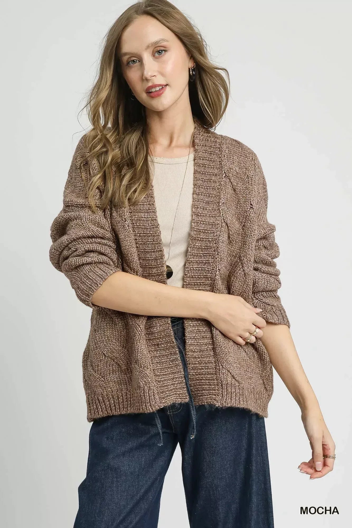 Umgee Chunky Cable Knit Open Front Cardigan - DAVERRI FASHIONS