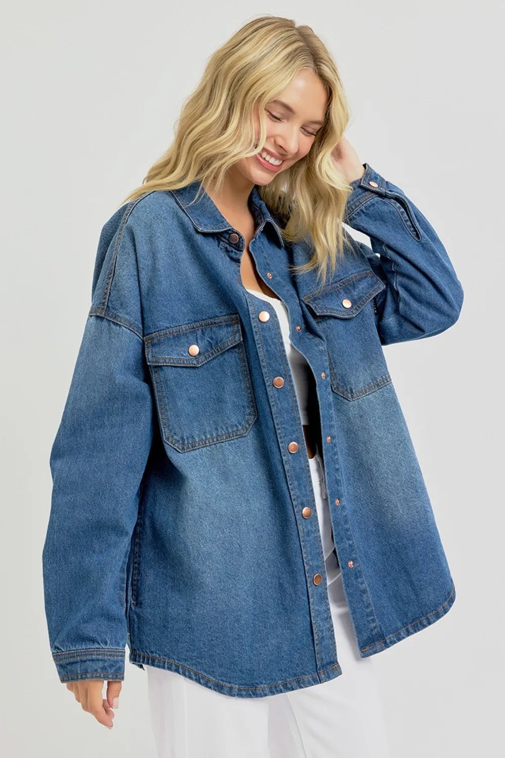 RISEN Full Size Snap Down Long Sleeve Denim Shacket Shackets