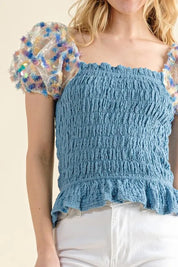 And The Why Embellishment Sleeve Smocked Top | Tops Daverri Fashions