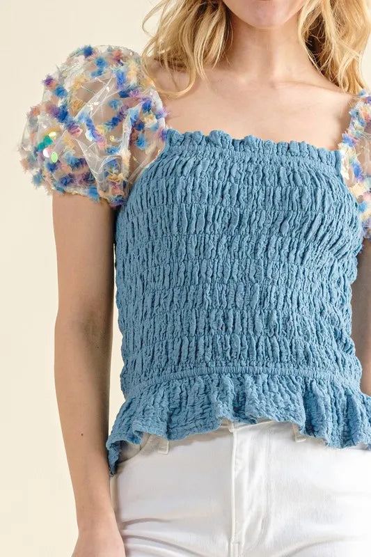 And The Why Embellishment Sleeve Smocked Top | Tops Daverri Fashions