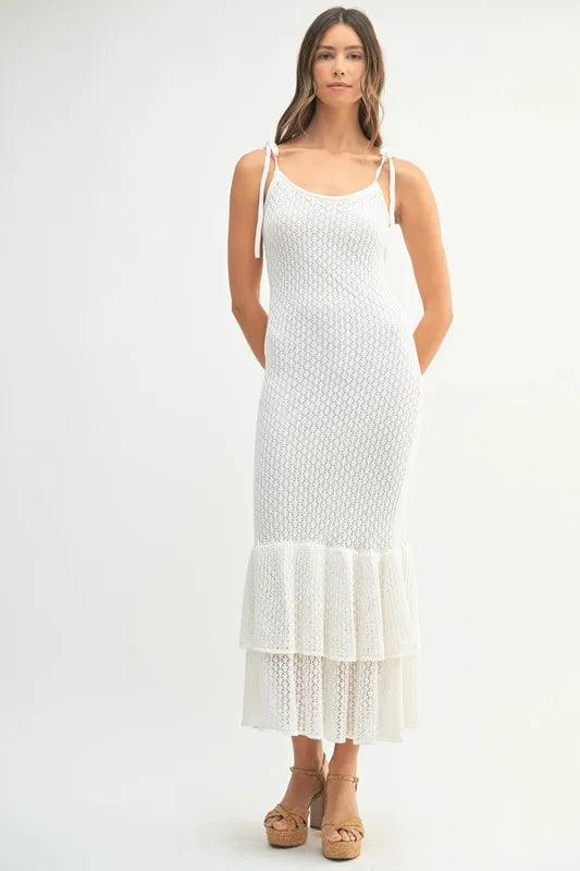 MABLE Sleeveless Shoulder Tie Rose Knit Midi Dress