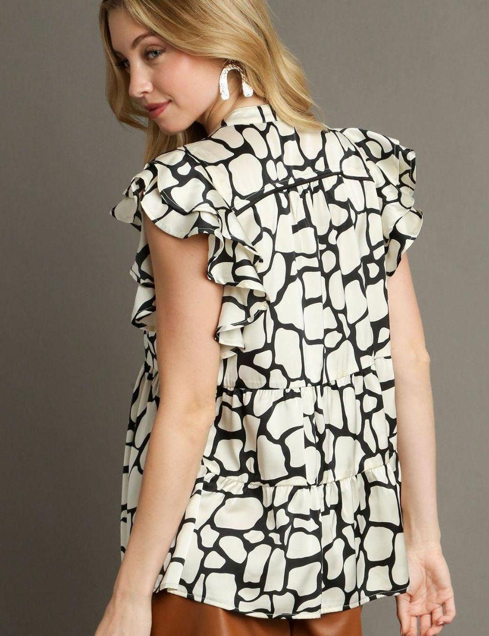 Umgee Full Size Two Tone Animal Print Notched Ruffle Cap Sleeve Blouse Plus Size | Blouses Daverri Fashions