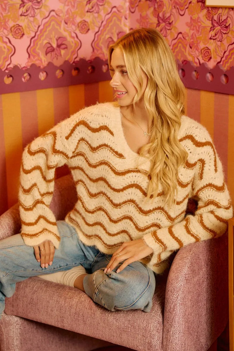 BiBi Wavy Stripes V-Neck Cropped Sweater Sweaters
