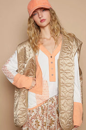 POL Front Zipper Floral Pattern Quilted Vest Coat with Front Pockets | Vest Coats Daverri Fashions