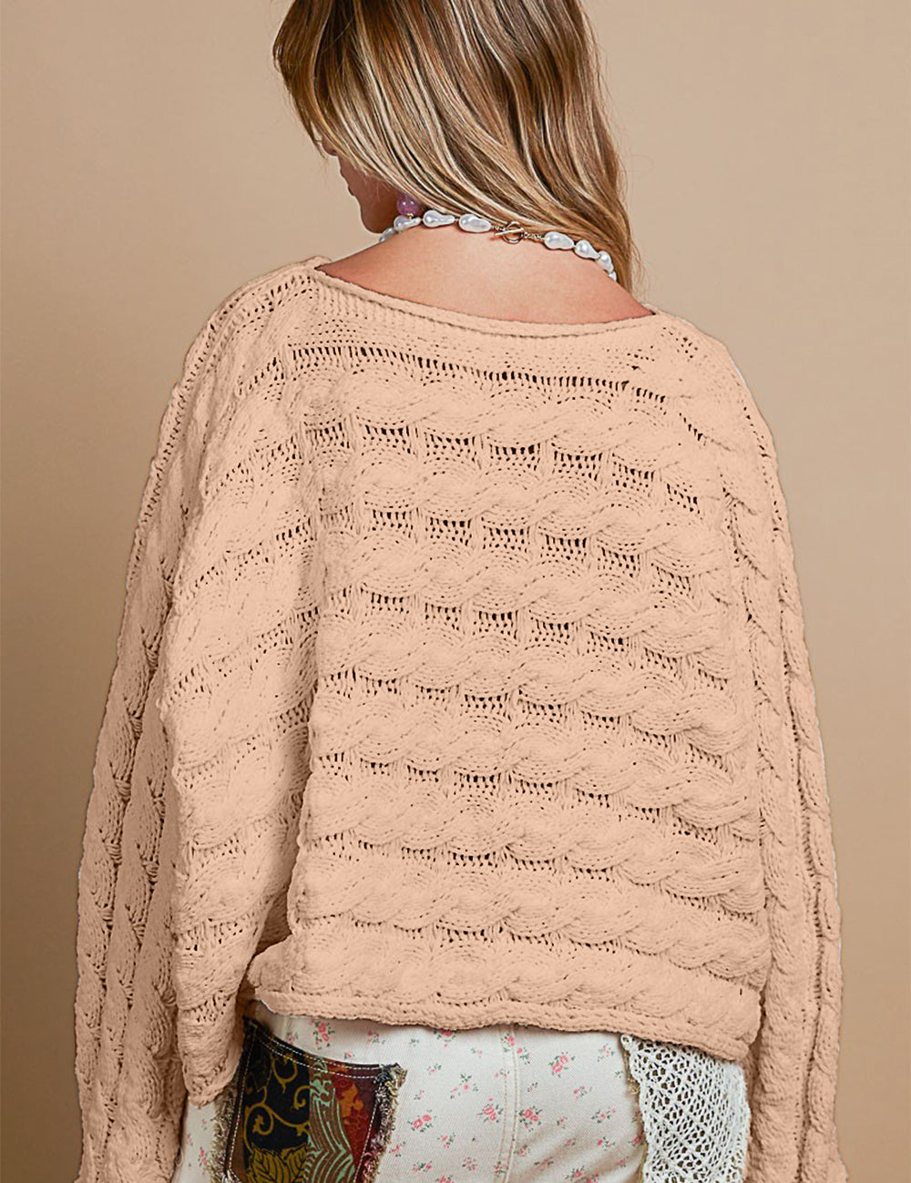 POL Round Neck Cable Knit Cropped Sweater