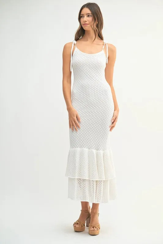 MABLE Sleeveless Shoulder Tie Rose Knit Midi Dress