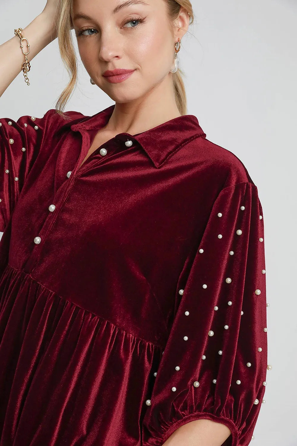 Umgee Pearl Detail Collared Neck Velvet Babydoll Blouse | Blouses Daverri Fashions